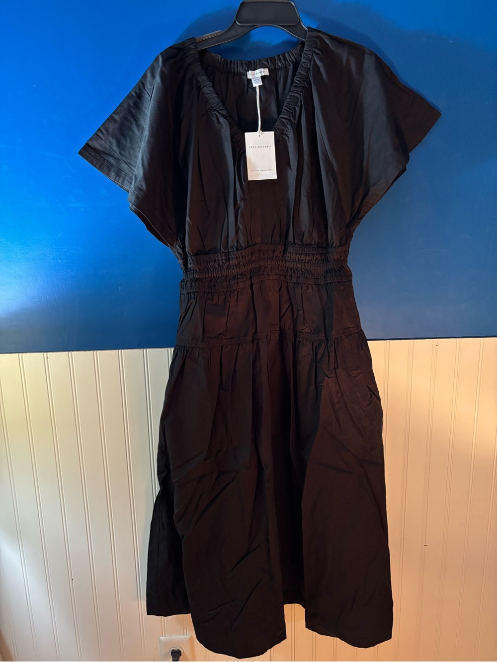 Black Smocked-Waist Midi Dress with Short Sleeves
